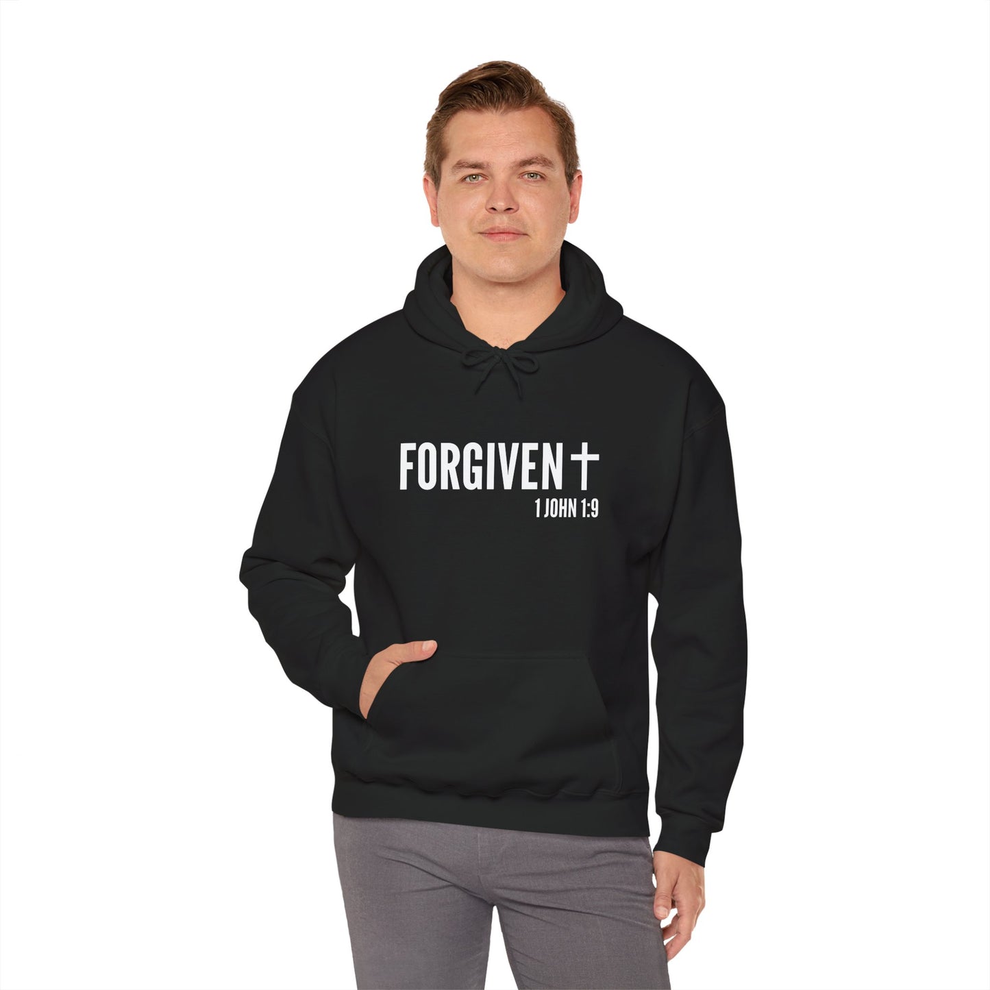 Forgiven White on Black Unisex Heavy Blend Hooded Sweatshirt