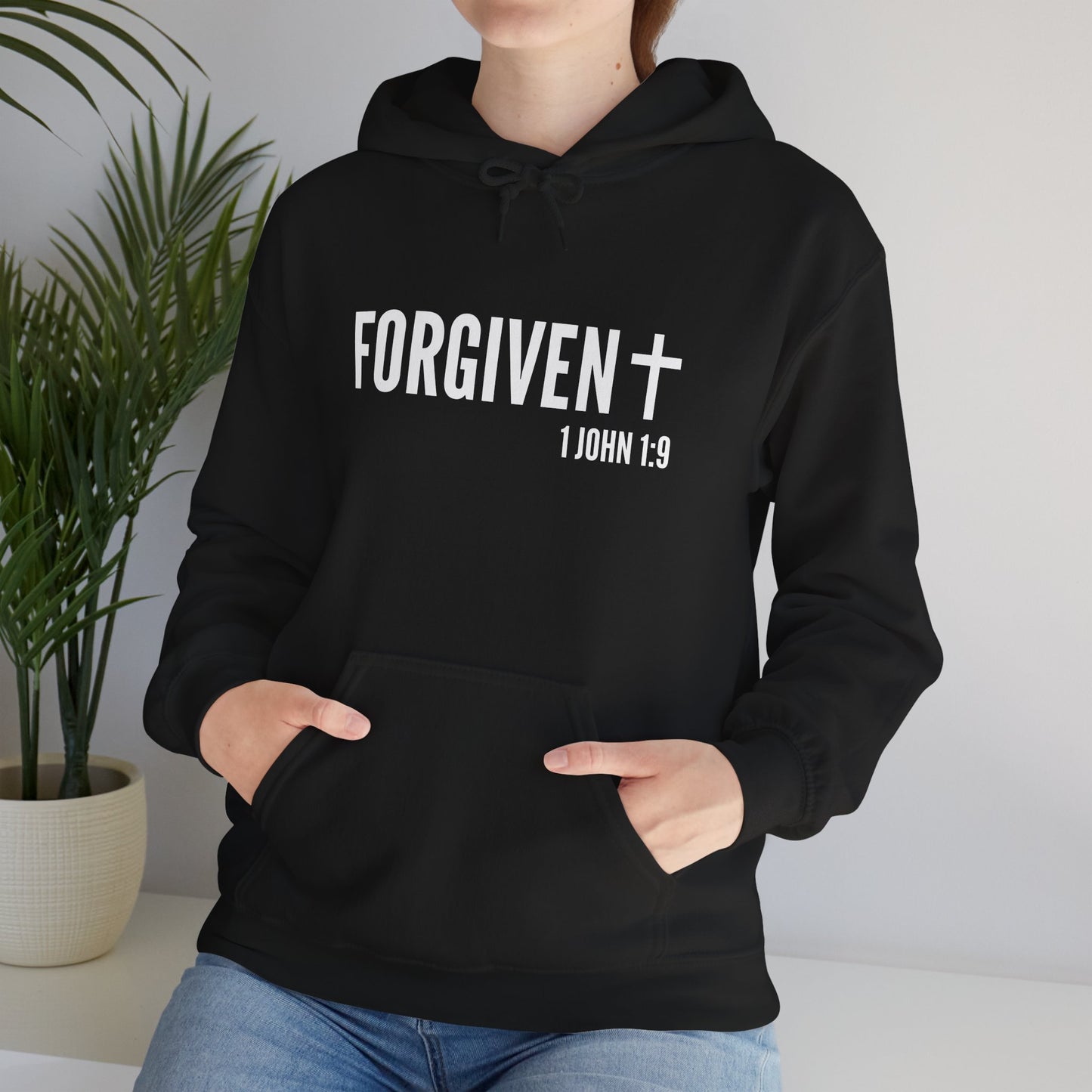 Forgiven White on Black Unisex Heavy Blend Hooded Sweatshirt