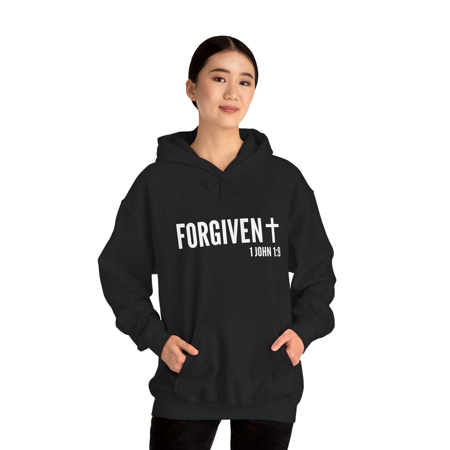 Forgiven White on Black Unisex Heavy Blend Hooded Sweatshirt